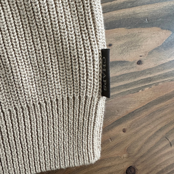 Chaps Mens Beige Cotton Knit Cardigan Sweater Zip up Size L Elbow Patches - Picture 6 of 9